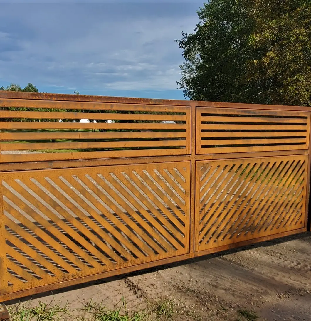 Close view of a weathered Corten steel gate with diagonal cut pattern