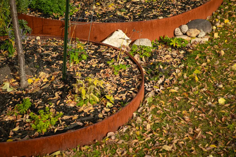 Curved weathered Corten steel garden edging winding through a planted bed