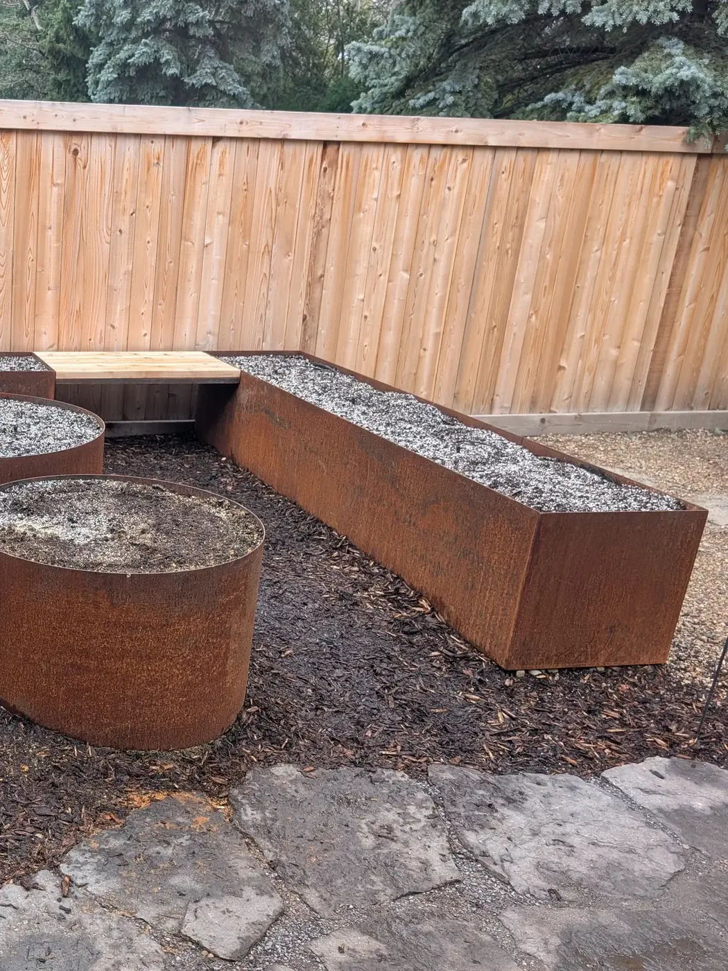 Corten trough planter and cedar bench detail