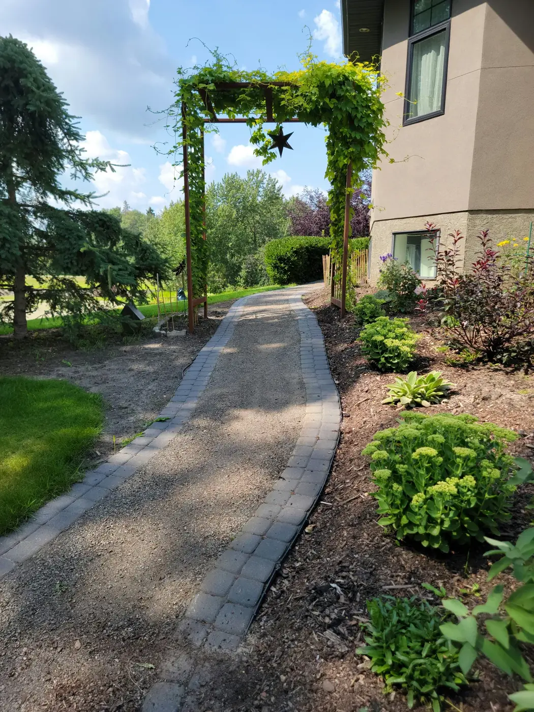 Corten steel trellis panels with climbing hops beside a stucco home